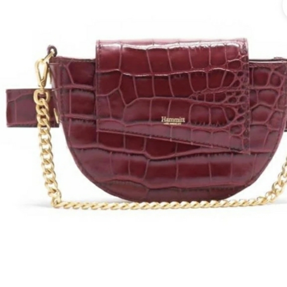 Hammitt Neil Belt Convertible Clutch Purse Croc Handbag Maroon Red Gold 2 in 1